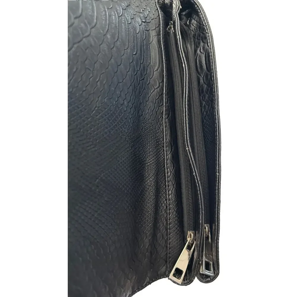 Yaumi K Black Faux Snakeskin Geometric Silver Chain Shoulder Bag 13”